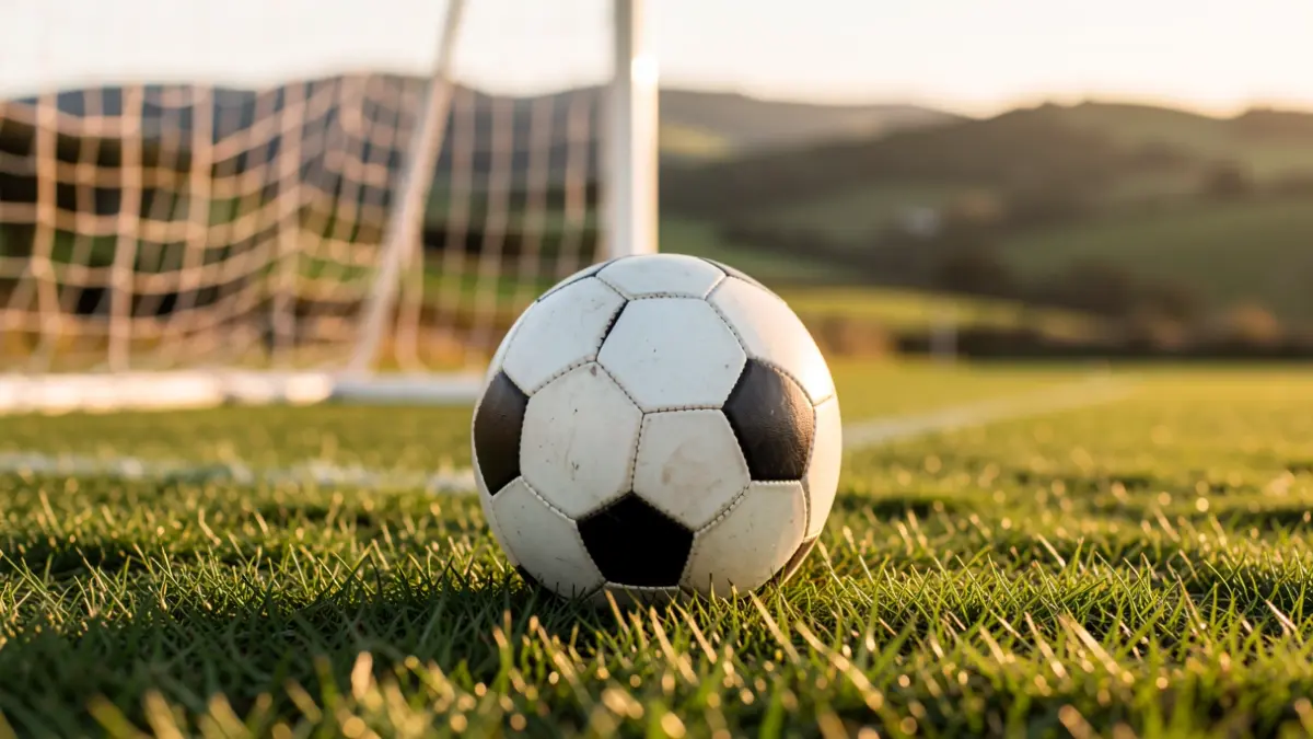 Imagen genérica de un balón de fútbol sobre césped con red borrosa al fondo.