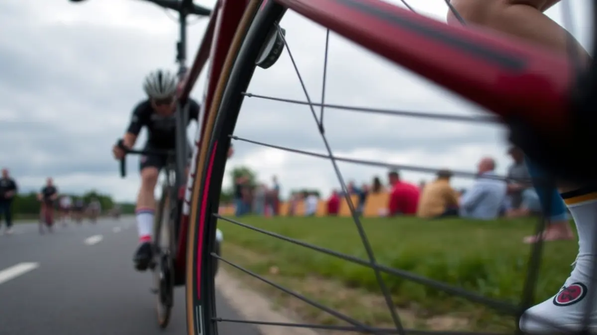 Imaxe xenérica dunha roda de bicicleta de carreiras nun evento deportivo.