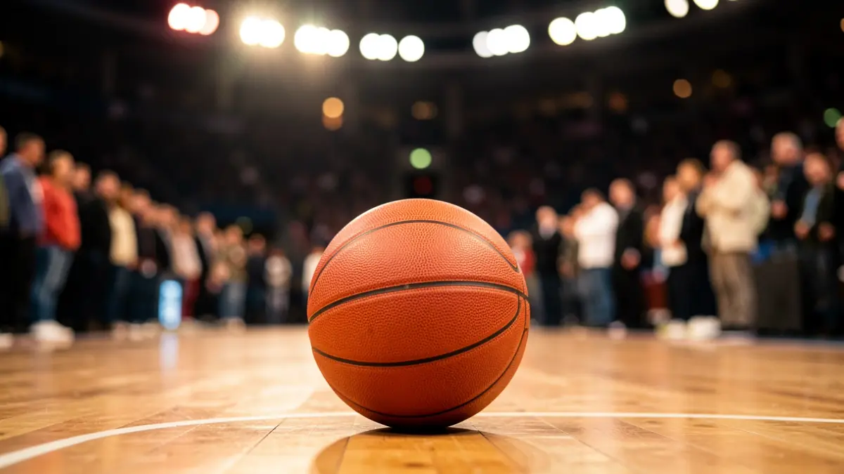 Imaxe xenérica dunha pelota de baloncesto nun pavillón deportivo.