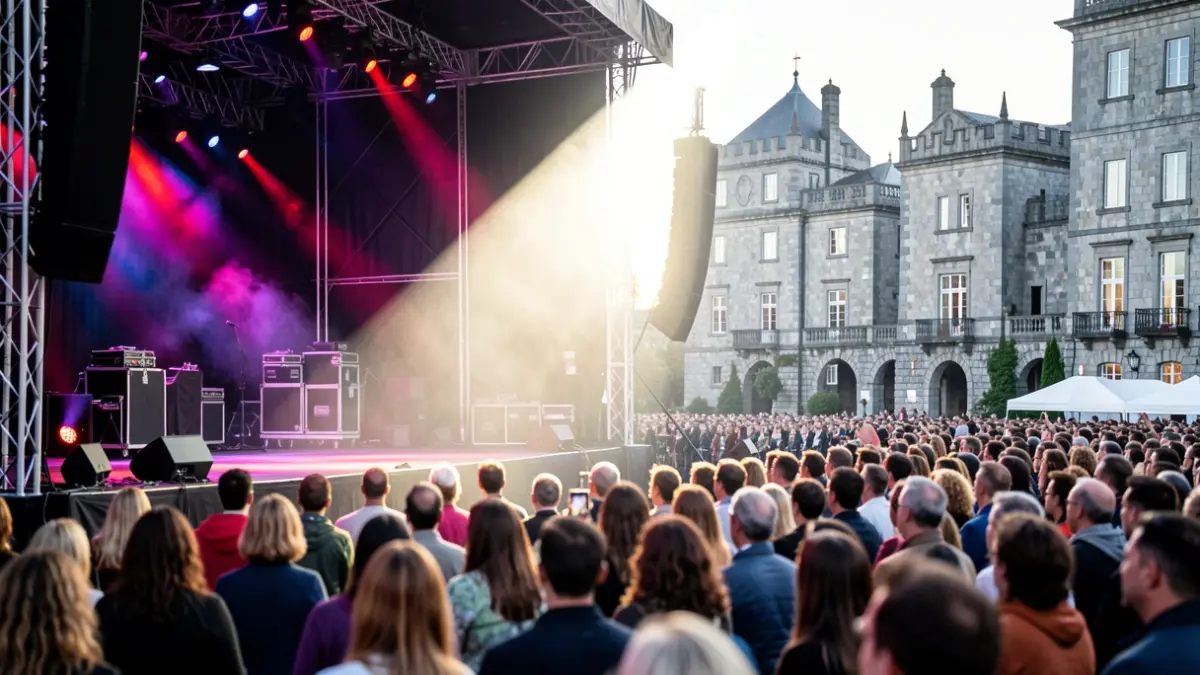 Imagen genérica de un concierto en Galicia con focos y público difuminado.
