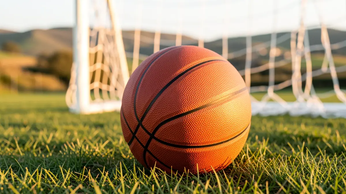Imaxe xenérica dun balón de baloncesto sobre herba, coa rede dunha canastra desenfocada ao fondo.