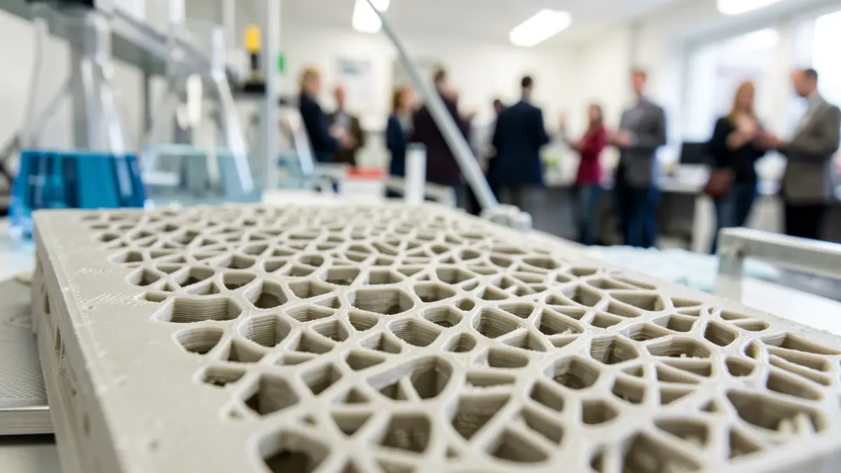 Imaxe dun material impreso en 3D con estrutura porosa e textura superficial.