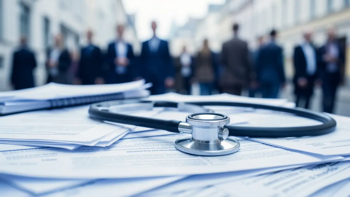 Imaxe xenérica dun estetoscopio sobre documentos médicos.