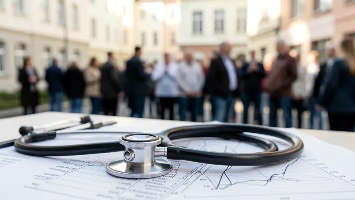 Imaxe xenérica dun estetoscopio sobre un informe médico, simbolizando a folga de sanitarios.