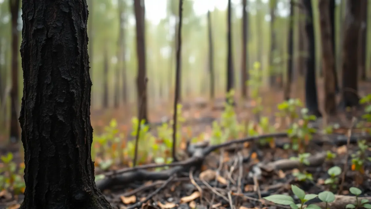 Imaxe xenérica de madeira queimada nunha zona forestal afectada por un incendio.
