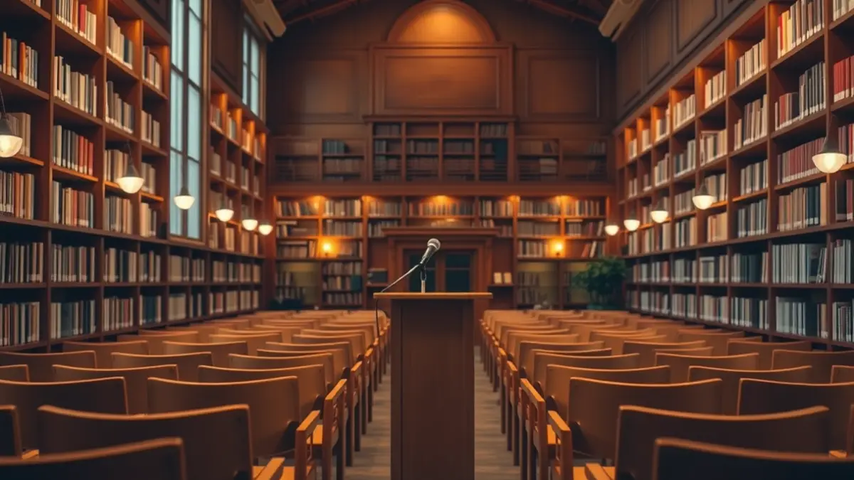 Imagen genérica de una sala de actos o biblioteca, con micrófono y sillas vacías.