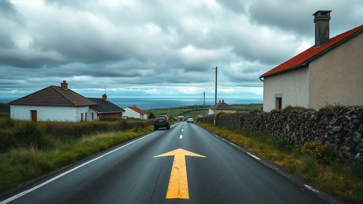 Imagen de una carretera estrecha en Bergondo con la señalización de un único sentido de circulación.