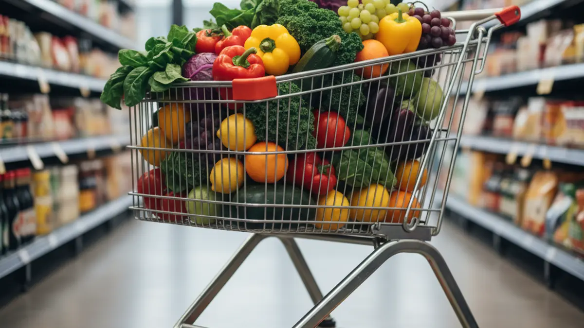 Imaxe xenérica dun carro da compra cheo de produtos frescos nun supermercado.