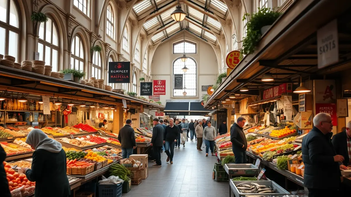 Imaxe xenérica dun mercado municipal con postos e xente.