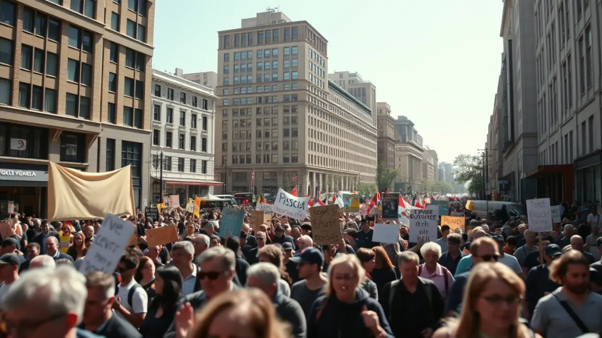 Imaxe xenérica dunha manifestación multitudinaria nunha rúa da cidade.