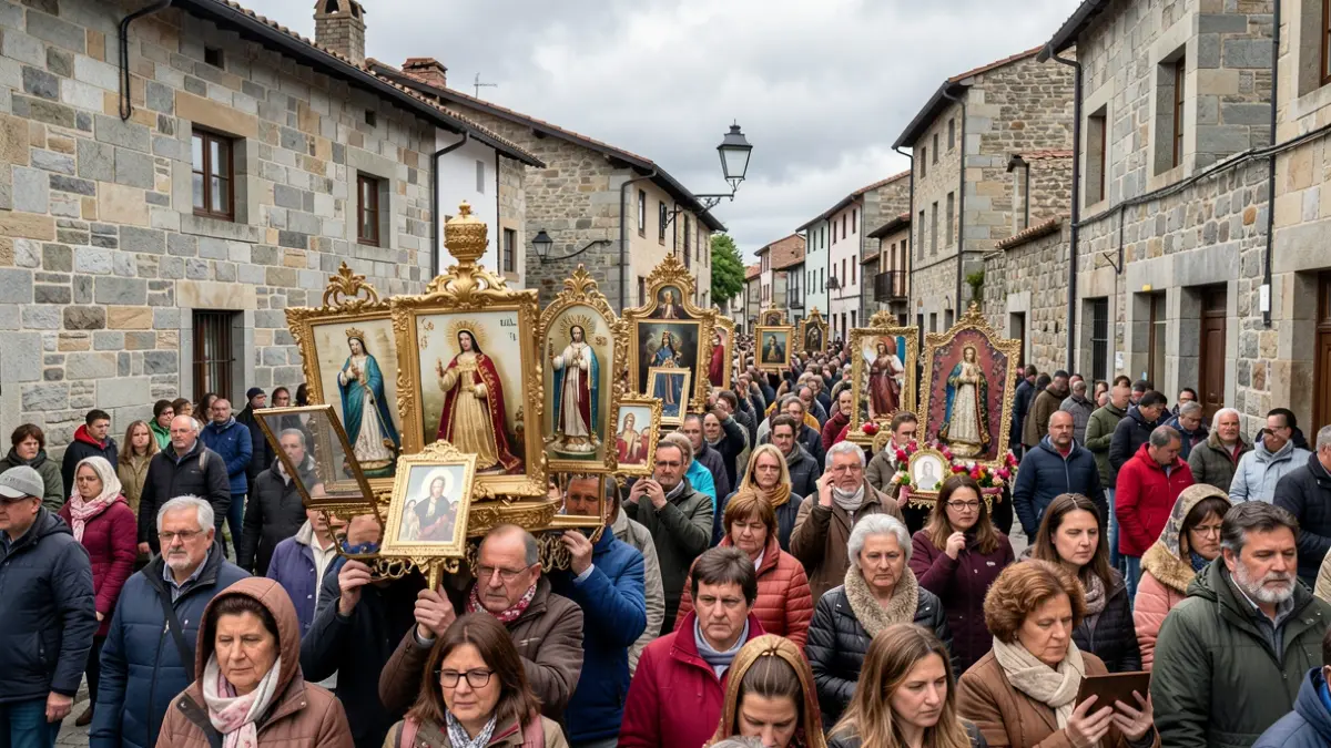 Imaxe dunha romaría en Galicia con imaxes relixiosas e multitude de fieis.