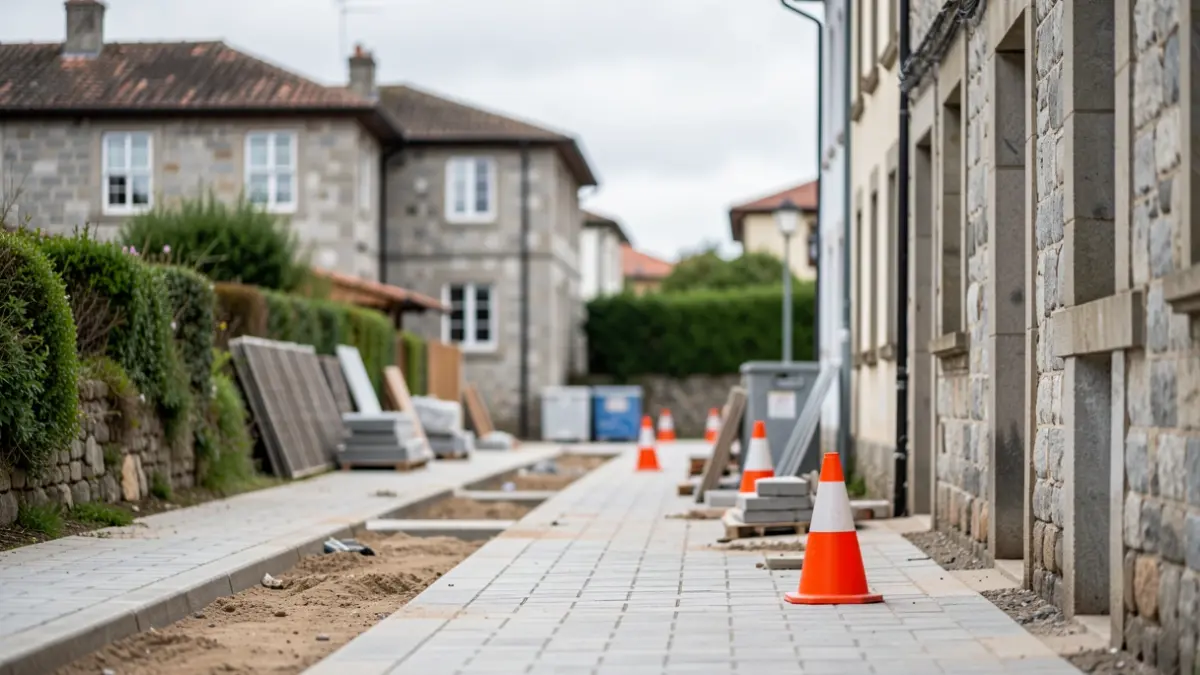 Imaxe xenérica de obras de renovación de beirarrúas nunha rúa galega.