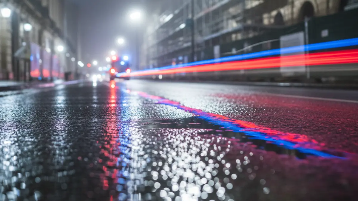 Imagen genérica de luces de emergencia reflejándose sobre asfalto mojado en una zona de obras.