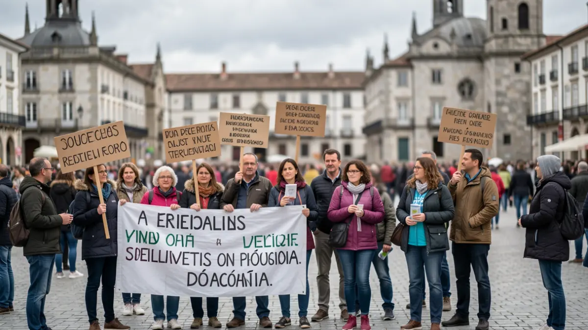 Imaxe xenérica de protesta pacífica en Galicia con xente portando pancartas.