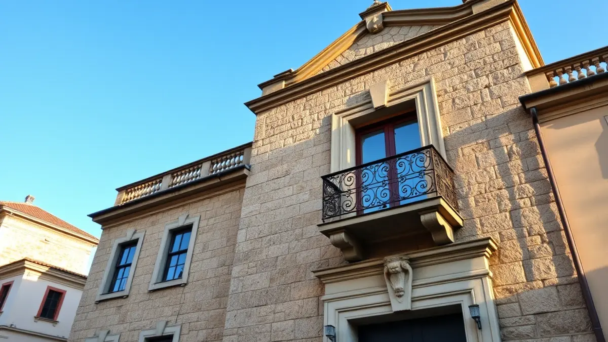 Fachada dun concello galego con balcón de ferro forxado e luz solar.