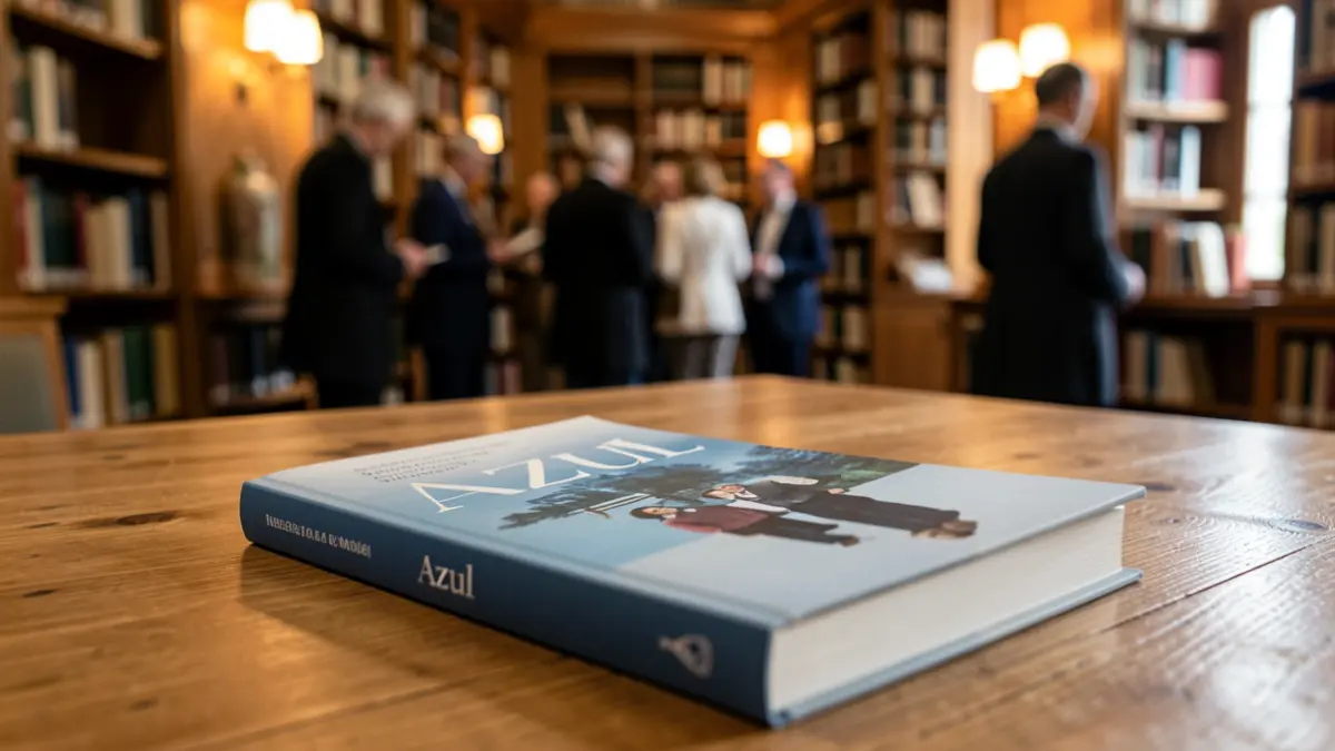 Imagen de un libro con el título 'Azul' en la portada sobre una mesa de madera, con estanterías de biblioteca desenfocadas al fondo.