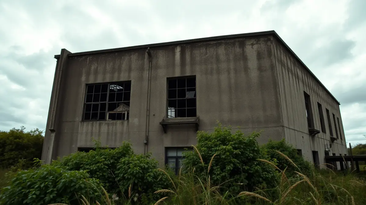 Antiga factoría baleeira en ruínas, símbolo dun pasado industrial esquecido.