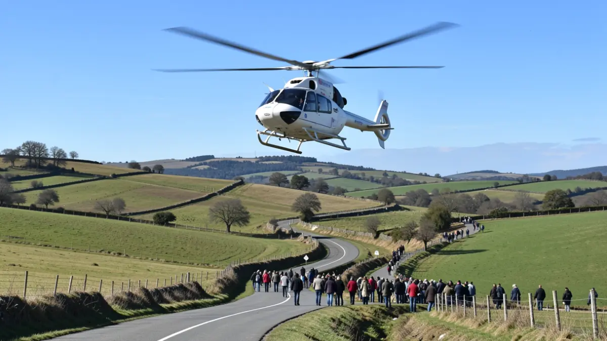 Imaxe xenérica dun helicóptero medicalizado voando sobre unha paisaxe rural galega.