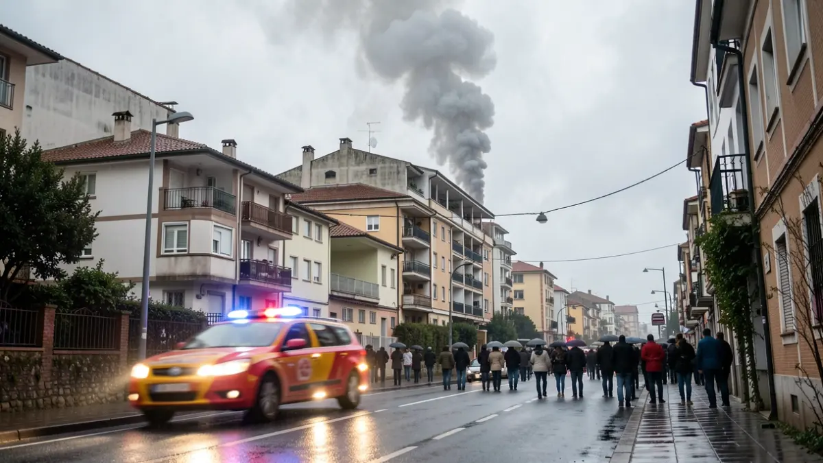 Imaxe xenérica de fume dun incendio nun edificio en Vigo con luces de emerxencia.