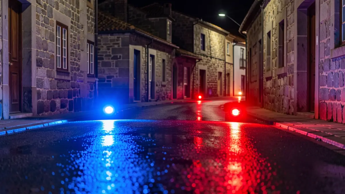 Imagen genérica de luces de emergencia azules y rojas reflejando en un asfalto mojado por la noche.