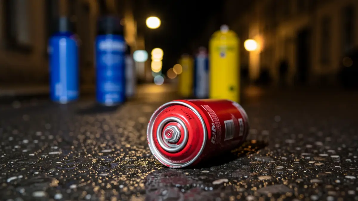Primer plano de un bote de spray rojo en el suelo de una calle por la noche.