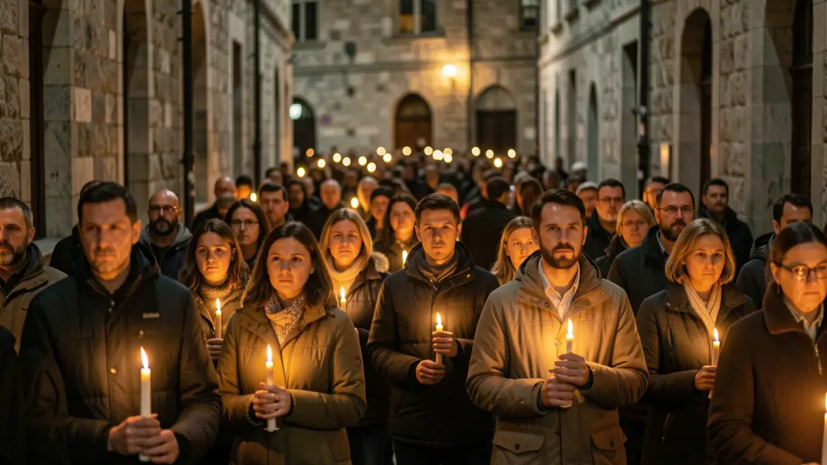 Procesión de antorchas polas rúas de Ourense durante a celebración da Virxe de Fátima.