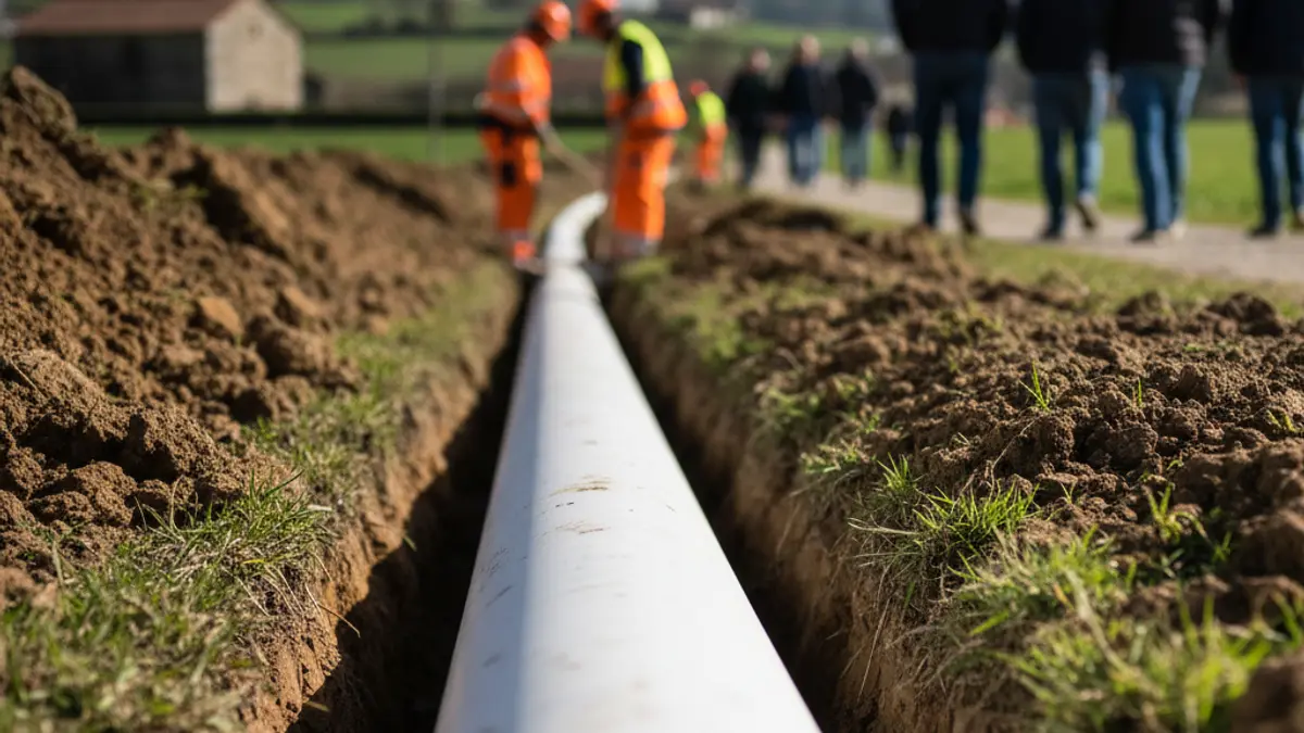 Imaxe xenérica de obras de saneamento con tubaxes de PVC.