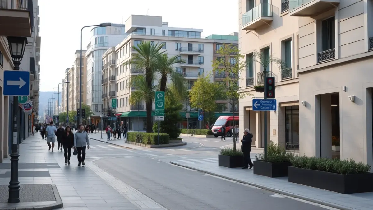 Imaxe xenérica dunha rúa urbana moderna e segura para peóns.