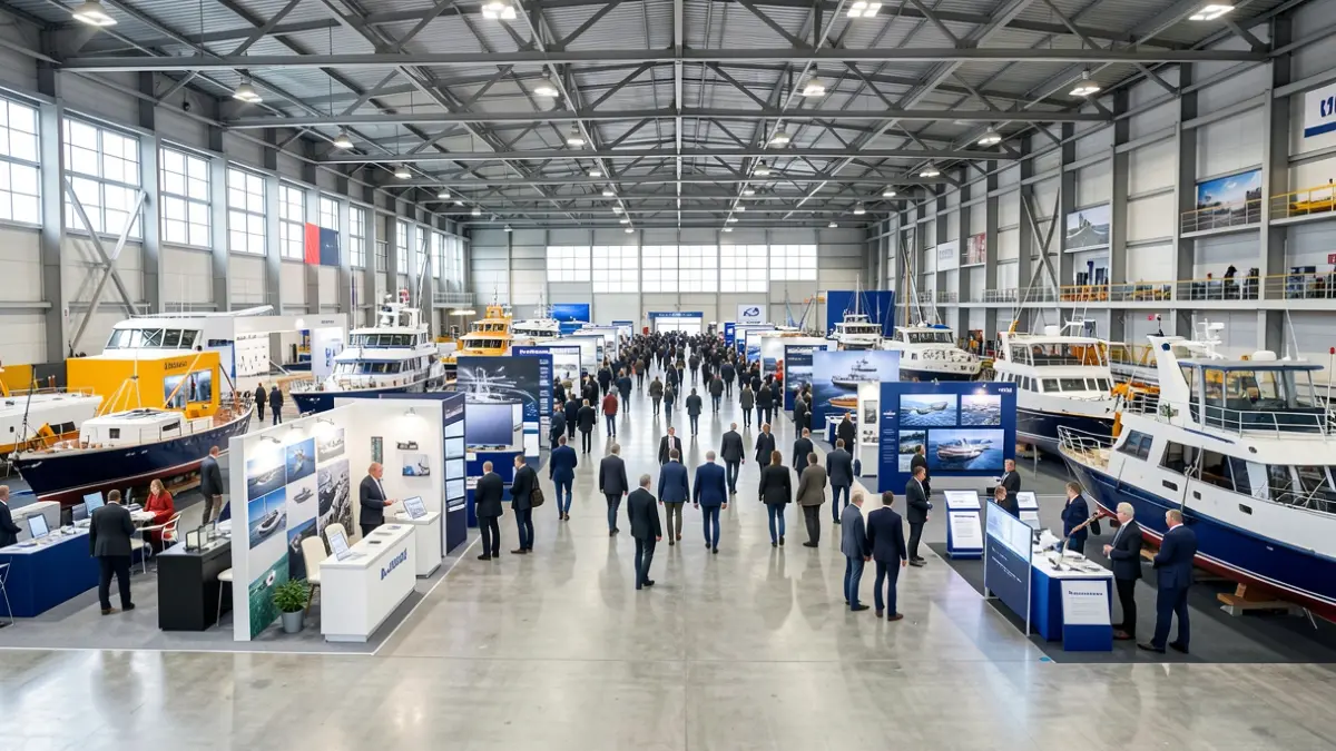 Imagen genérica de una feria industrial con stands y gente.