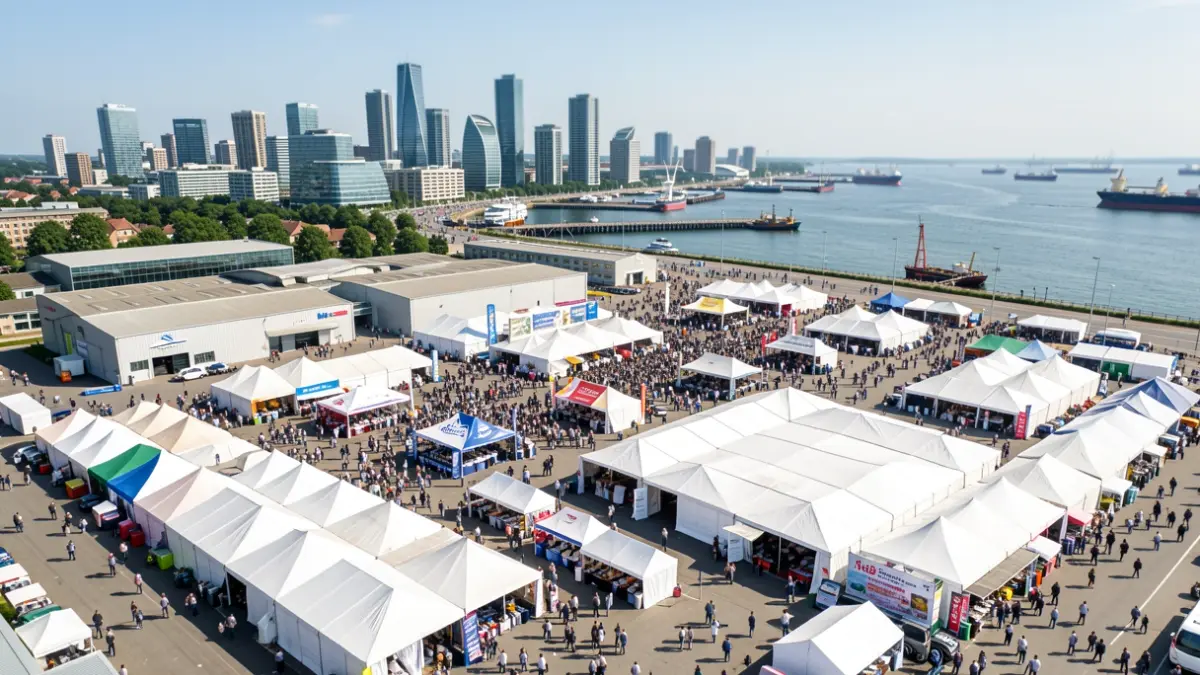 Imagen genérica de una feria industrial con muchos expositores y barcos en el puerto.