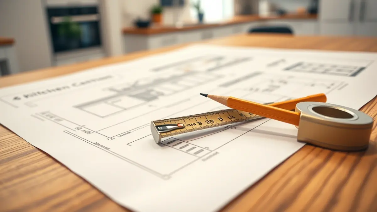 Imagen genérica de un plano de diseño de cocina sobre una mesa de madera.