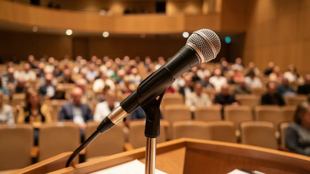 Imaxe xenérica dun micrófono nun auditorio baleiro.