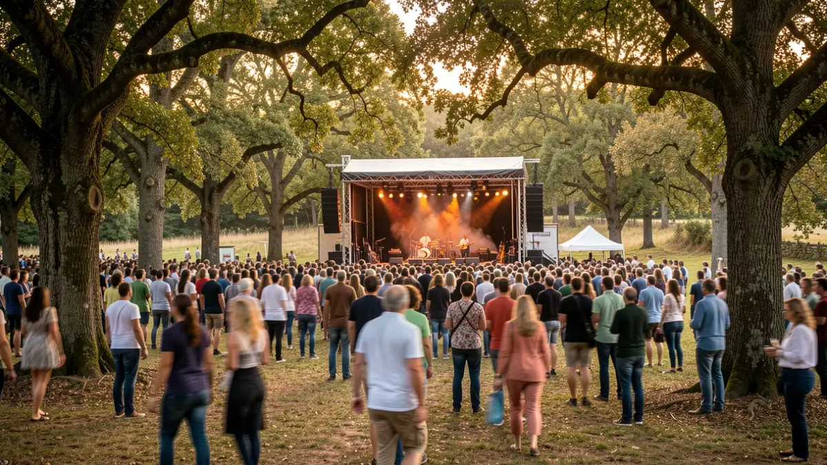 Imaxe xenérica dun festival de música ao aire libre nunha carballeira galega.