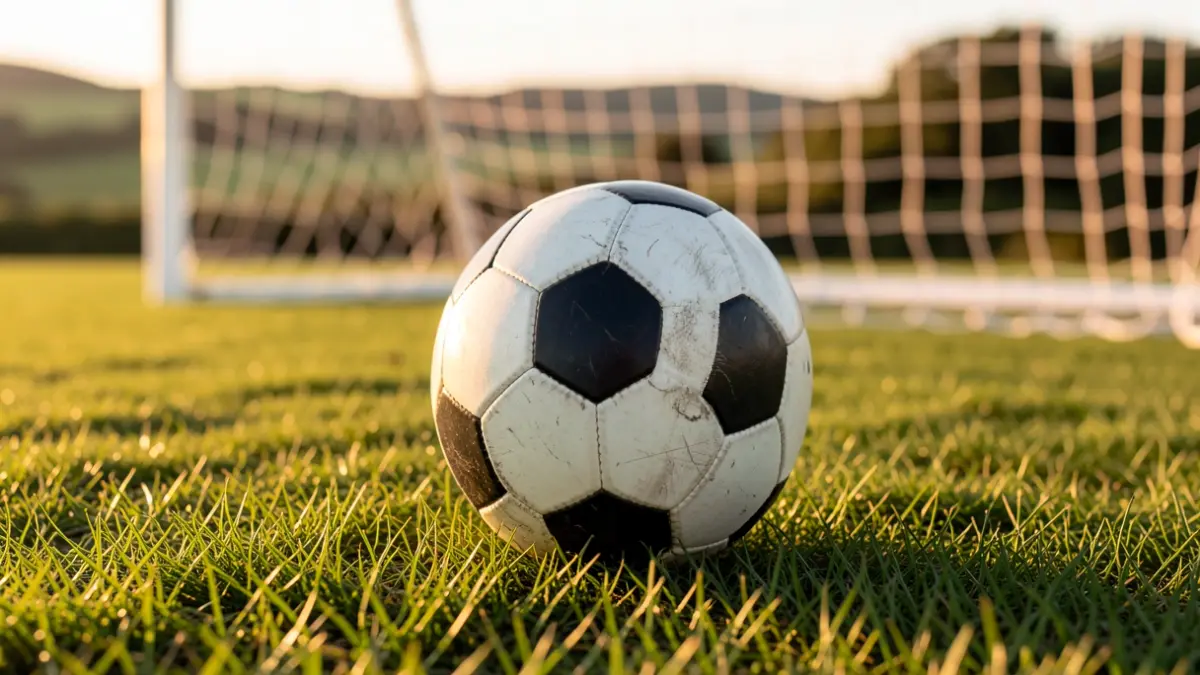 Imaxe xenérica dun balón de fútbol sobre herba con rede borrosa ao fondo.
