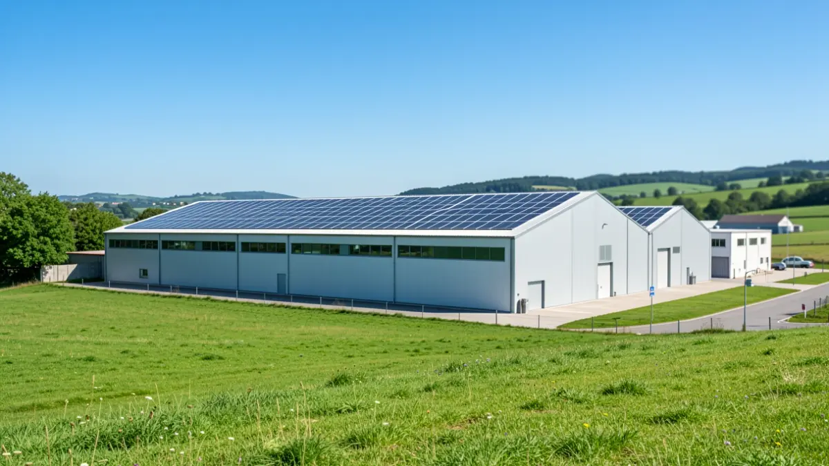 Imaxe xenérica dun edificio industrial moderno con paneis solares.