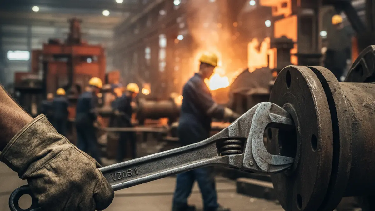 Imagen genérica de una mano de trabajador sosteniendo una llave inglesa en un ambiente industrial.