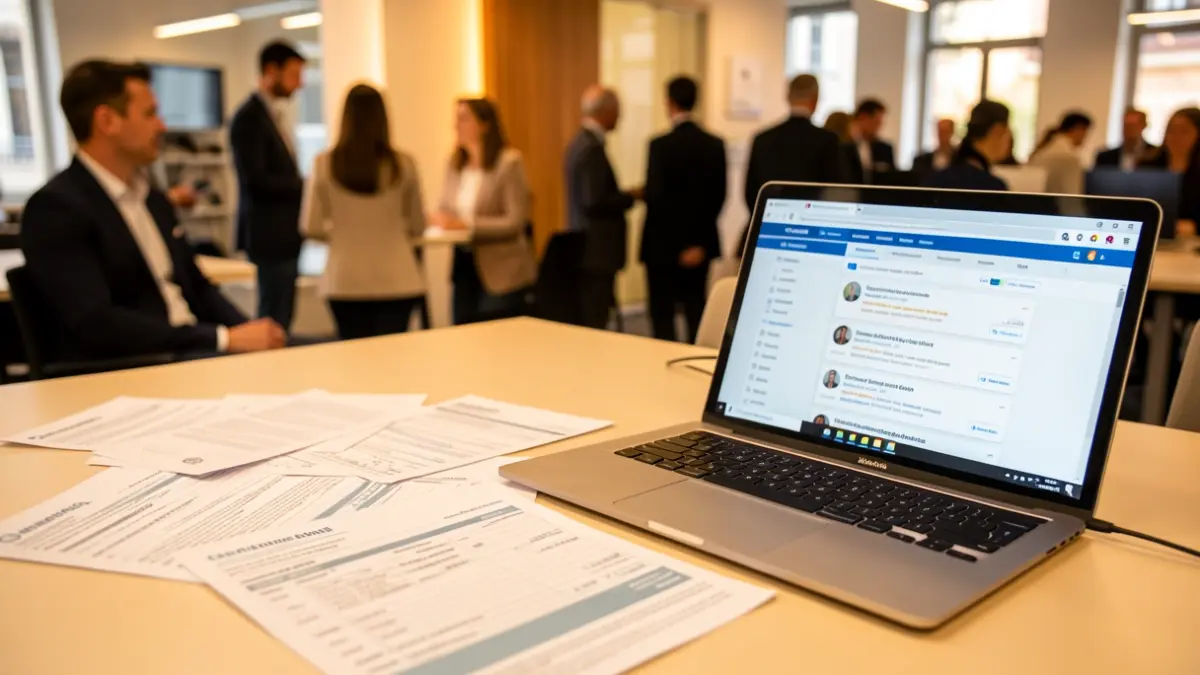 Imaxe xenérica de documentos de solicitude de emprego e unha pantalla de portátil con listados de traballo.