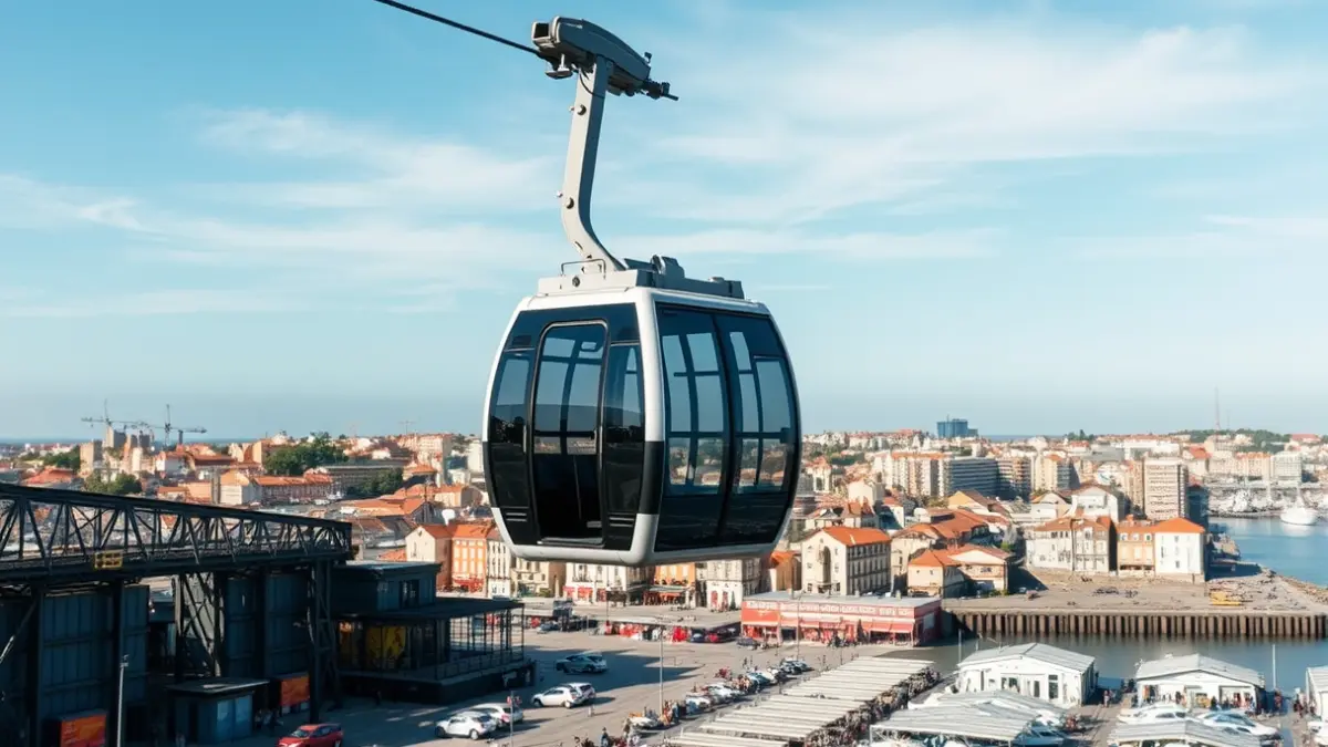 Imagen de un teleférico sobre una zona portuaria.