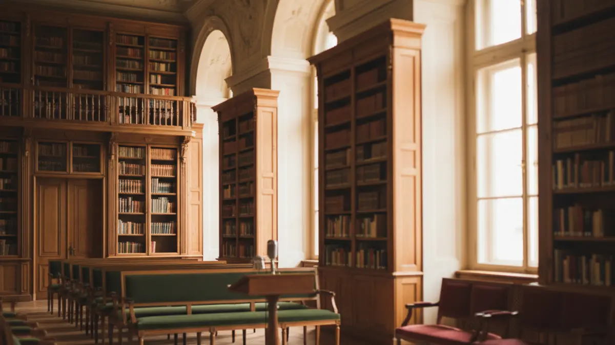 Imagen genérica de un interior de biblioteca con estanterías de madera y un podio con micrófono.