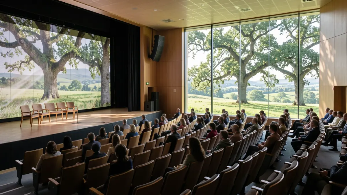 Imaxe xenérica dun auditorio moderno con escenario e asentos baleiros.