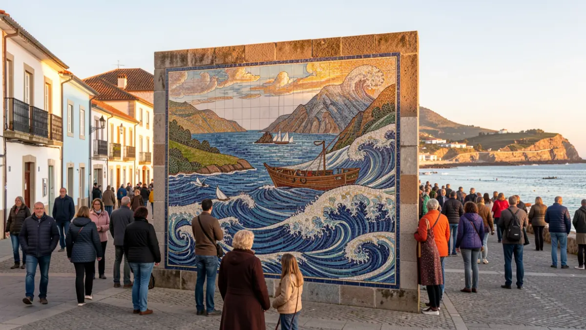 Imagen de un gran mural cerámico con miles de teselas de colores, inspirado en la poesía gallega y el paisaje marinero y terrestre de Foz.