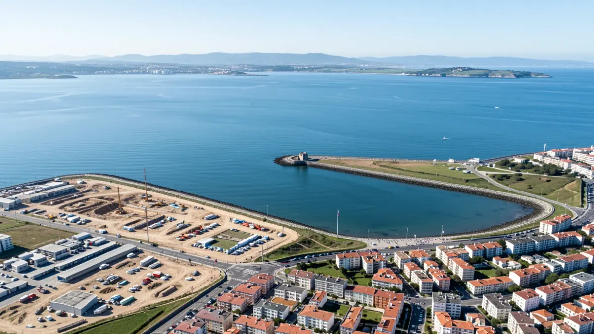 Vista aérea da costa da ría do Burgo na Coruña, con zonas de desenvolvemento urbanístico e edificios residenciais.