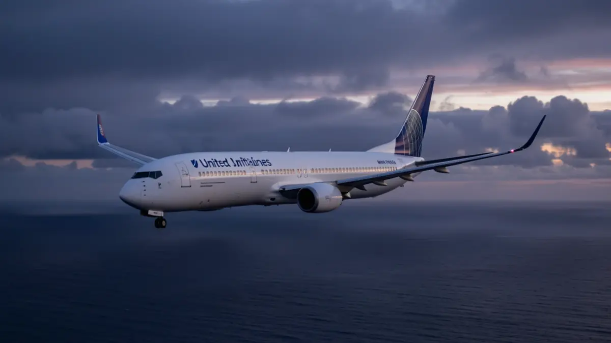 Imagen de un avión Boeing 737 MAX 8 de United Airlines volando sobre el océano Atlántico al anochecer.