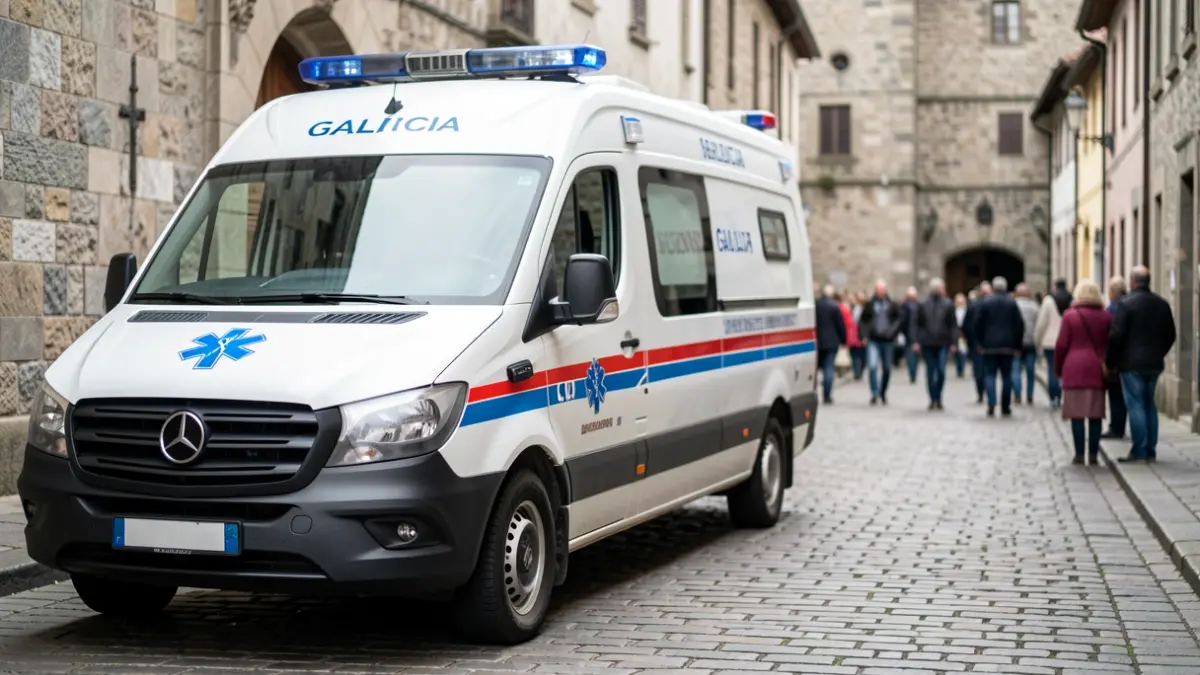 Imaxe dunha ambulancia de servizos de emerxencia nunha rúa de pedra.