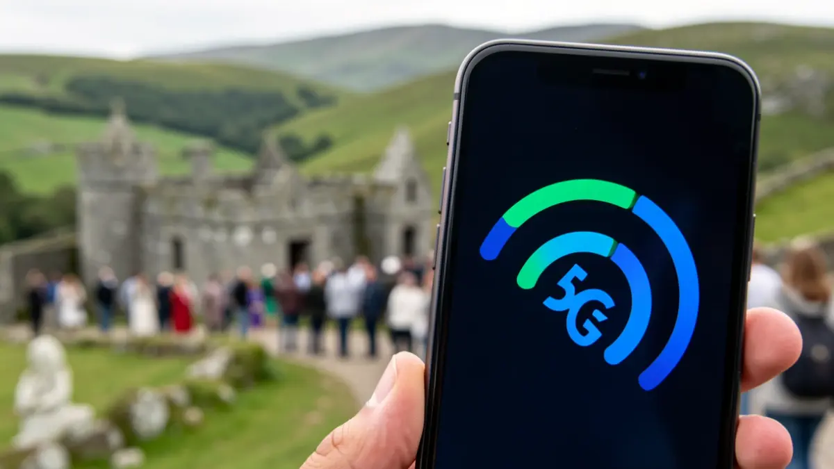 Imaxe xenérica dun teléfono móbil co símbolo 5G e unha paisaxe galega ao fondo.