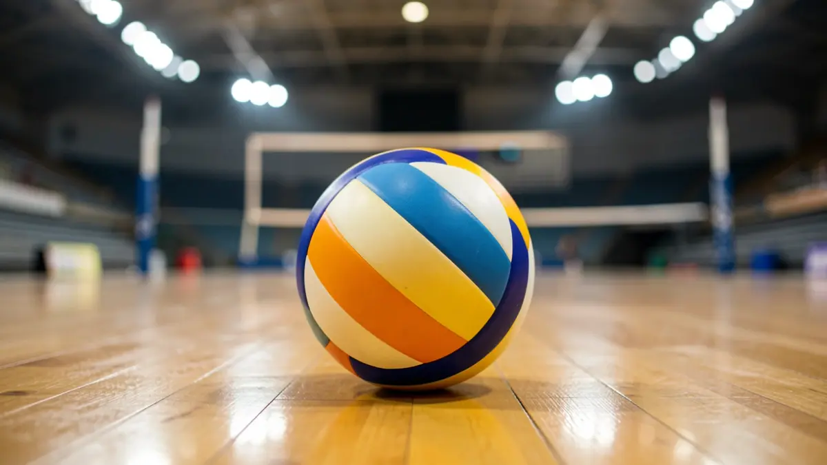 Imaxe xenérica dun balón de voleibol nun pavillón deportivo.