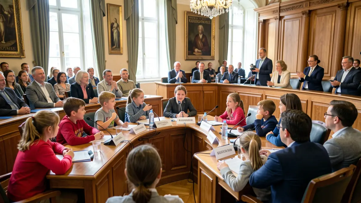 Niños y niñas de primaria debatiendo sobre turismo en el Ayuntamiento de Sanxenxo.