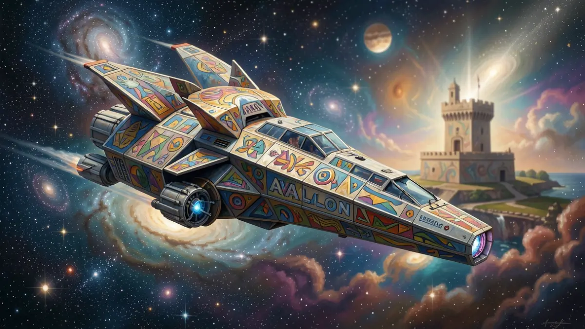 Imaxe xenérica dunha nave espacial surrealista inspirada na arte galega e a Torre de Hércules.