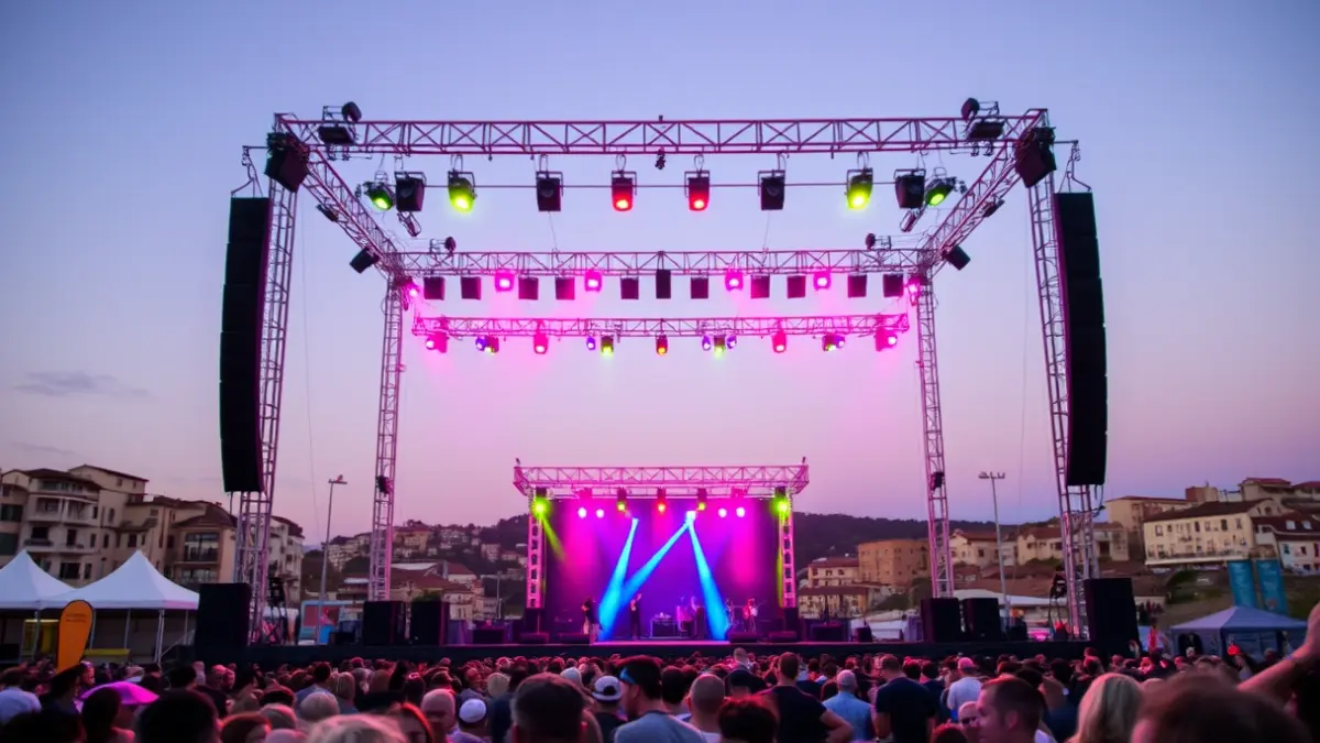 Imaxe xenérica dun escenario de festival de música ao aire libre ao anoitecer.