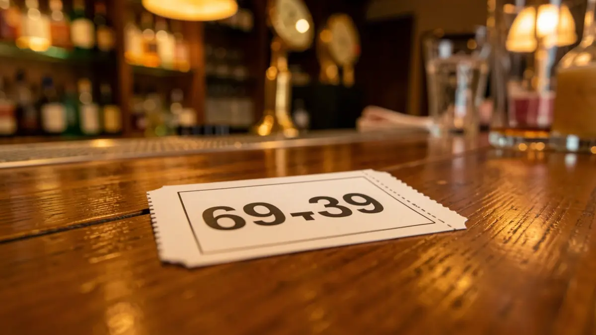 Imagen de un boleto de lotería con el número 69.439 en un establecimiento de hostelería.